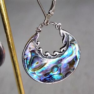 Abalone Crescent Drop Earrings - Iridescent Blue Green Shell Sterling Silver 925